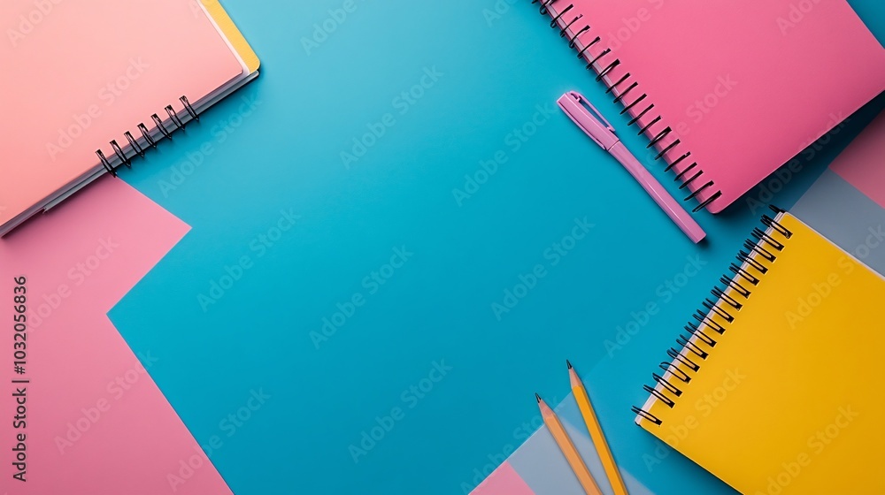 Poster back to school items laid out neatly on a bright colorful background with notebooks pencils and eras