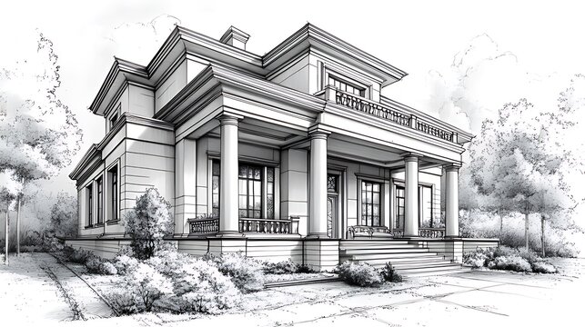 A detailed architectural drawing of a large, two-story house with a columned porch and a manicured lawn.