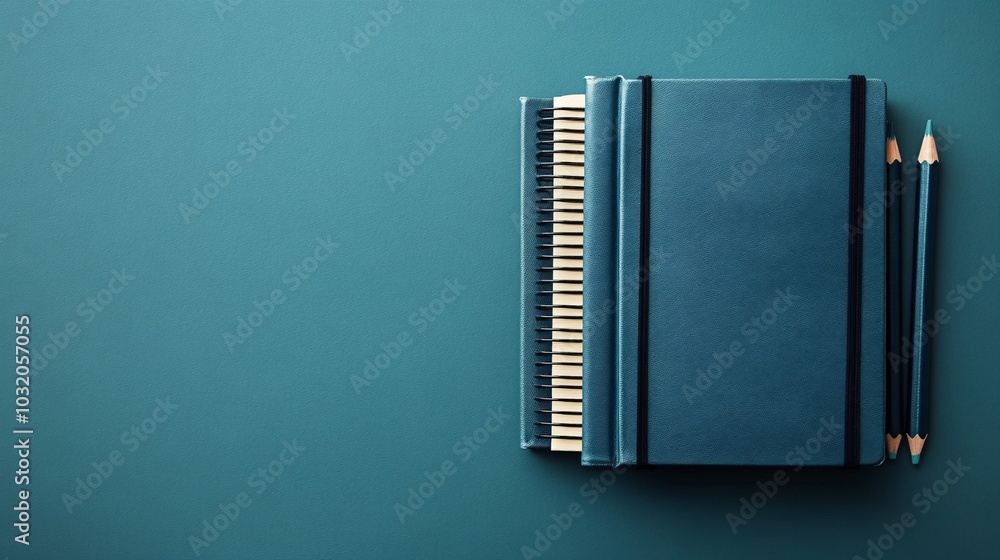 Aufkleber Top view of a stack of books with an open notebook and pencils ready for note-taking on a clean simple backdrop Stock Photo with side copy space