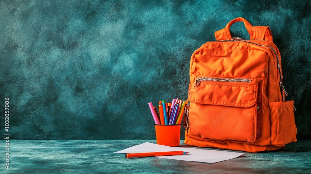 Poster a bright backpack with school essentials like markers paper and a lunchbox spilling out onto a soft 