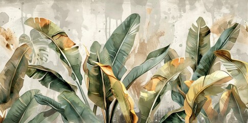 Obraz premium Tropical leaves, lush greenery, botanical illustration, soft pastels, nature background, urban decor, wall art, modern design, artistic foliage, vibrant colors, decorative print, leaf patterns, summe