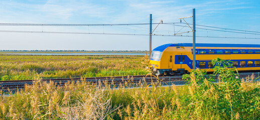 Train riding on a railroad track in wetland below a blue sky in autumn, Almere, Flevoland, The...