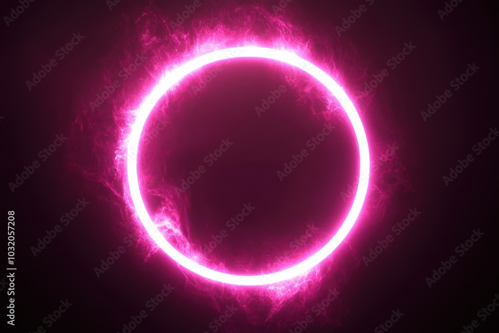 Poster bright pink neon circular illumination on dark background, dynamic energy wave overlay animation in 