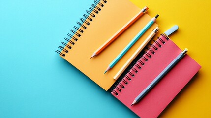 Fresh notebooks and sharpened pencils placed in an orderly fashion against a cheerful pastel backdrop Stock Photo with side copy space