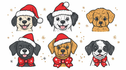 Vector set of cute and smiling dog doodles. Dog faces with flat colors, bows, christmas hats, scarfs, dalmatian, pug, poodle, and beagle on white background. Sticker, comic, and print design.