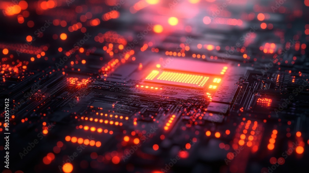 Poster close-up of a glowing red cpu chip on a circuit board.