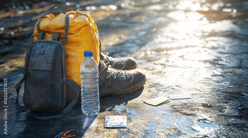 Poster a simple scene of a water bottle and school bag on a plain background with scattered stationery near