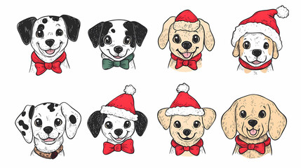 Naklejka premium Vector set of cute and smiling dog doodles. Dog faces with flat colors, bows, christmas hats, scarfs, dalmatian, pug, poodle, and beagle on white background. Sticker, comic, and print design.