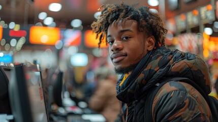 Fototapeta premium A young African American man cashier scanning items at the checkout counter in a busy retail store