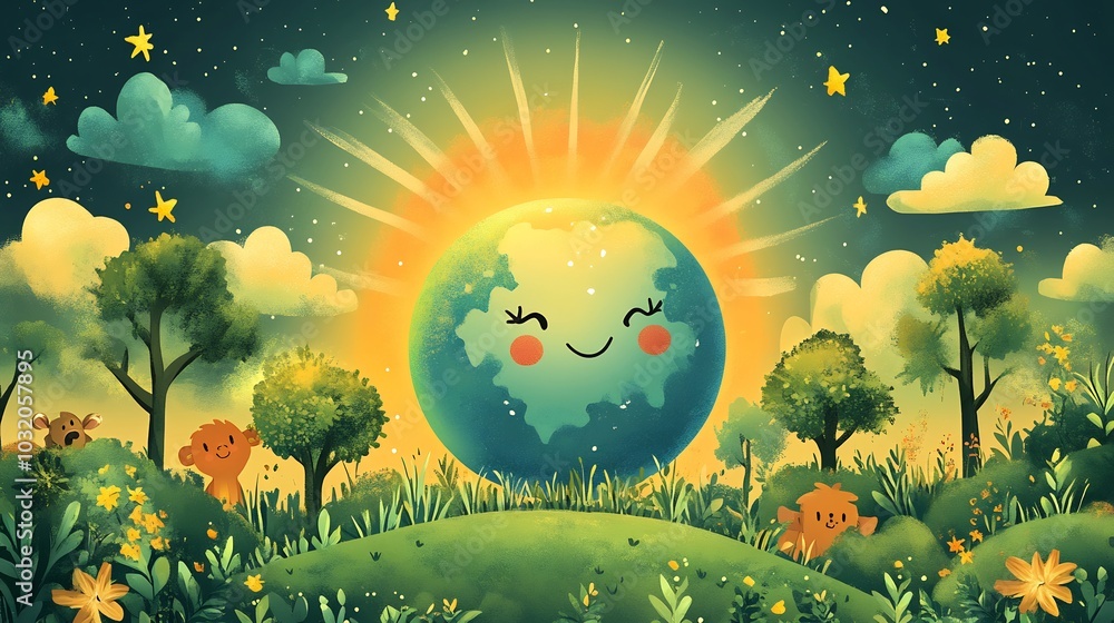 Poster quirky retro cartoon planet with a smiling face surrounded by playful trees and cheerful animals cel