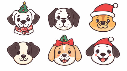 Vector set of cute and smiling dog doodles. Dog faces with flat colors, bows, christmas hats, scarfs, dalmatian, pug, poodle, and beagle on white background. Sticker, comic, and print design.