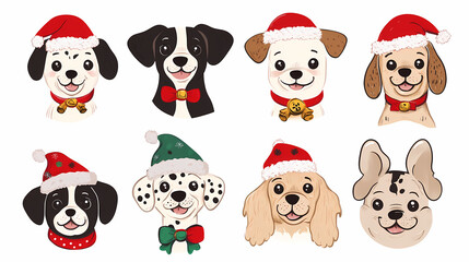 Naklejka premium Vector set of cute and smiling dog doodles. Dog faces with flat colors, bows, christmas hats, scarfs, dalmatian, pug, poodle, and beagle on white background. Sticker, comic, and print design.