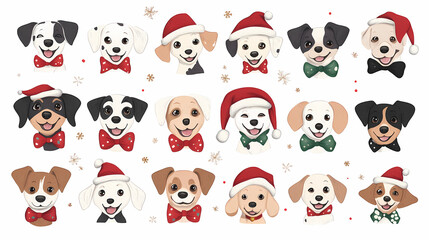 Obraz premium Vector set of cute and smiling dog doodles. Dog faces with flat colors, bows, christmas hats, scarfs, dalmatian, pug, poodle, and beagle on white background. Sticker, comic, and print design.