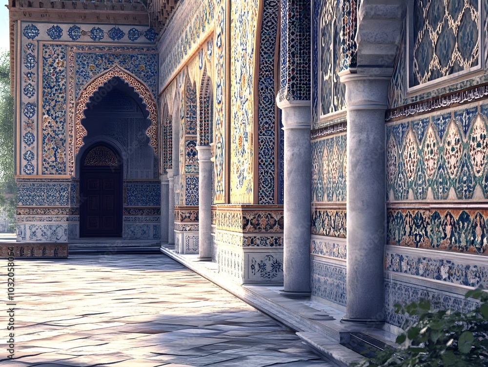 Poster a beautifully designed architectural corridor with intricate patterns and columns.