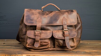 Brown Leather Backpack with Buckles on Wooden Surface