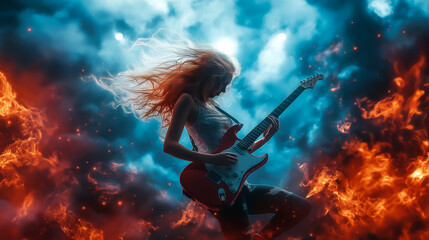 Woman playing guitar on the concert stage with beautiful lighting and smoke background.