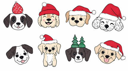 Obraz premium Vector set of cute and smiling dog doodles. Dog faces with flat colors, bows, christmas hats, scarfs, dalmatian, pug, poodle, and beagle on white background. Sticker, comic, and print design.