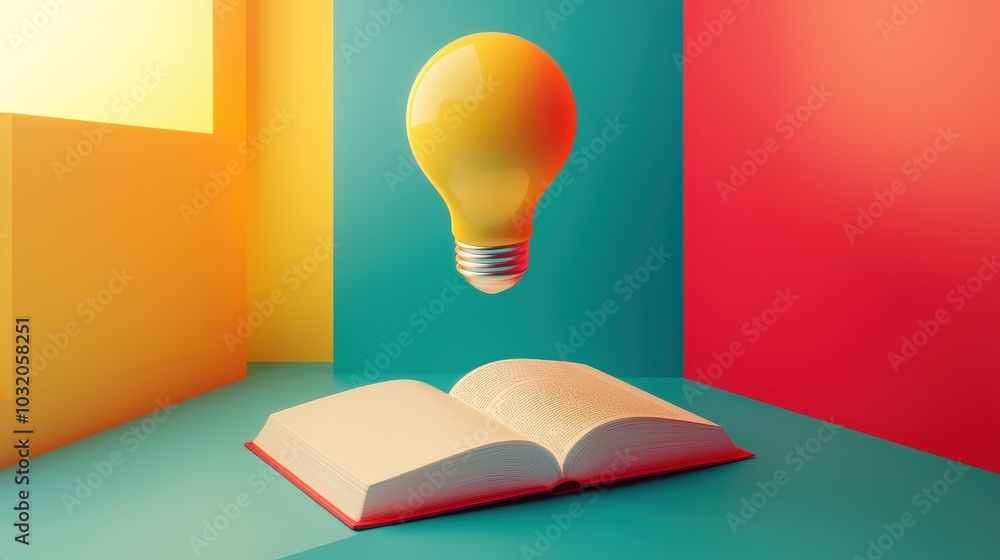 Poster open book with floating yellow bulb on colorful background