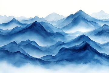Blue watercolor mountains landscape painting with fog