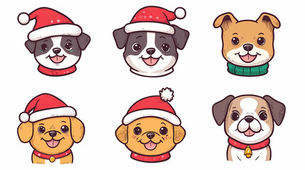 Obraz premium Vector set of cute and smiling dog doodles. Dog faces with flat colors, bows, christmas hats, scarfs, dalmatian, pug, poodle, and beagle on white background. Sticker, comic, and print design.