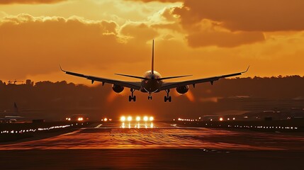 Naklejka premium An airplane landing on a runway at sunset.