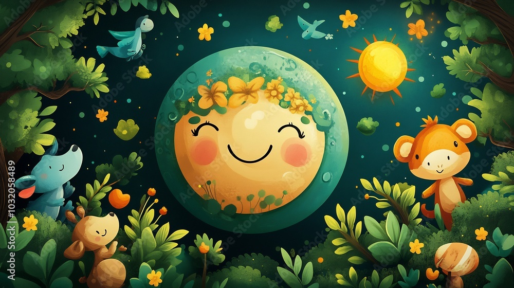 Poster quirky retro cartoon planet with a smiling face surrounded by playful trees and cheerful animals cel