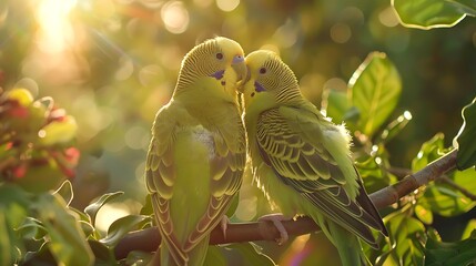 Pair of parakeets grooming each other on a sunny day in a lush garden.