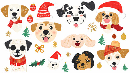 Naklejka premium Vector set of cute and smiling dog doodles. Dog faces with flat colors, bows, christmas hats, scarfs, dalmatian, pug, poodle, and beagle on white background. Sticker, comic, and print design.