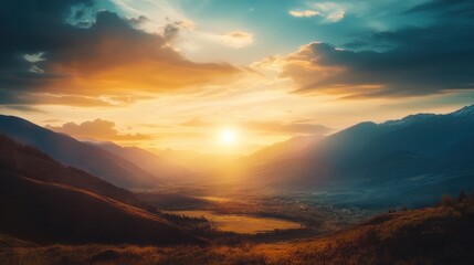 Fototapeta premium Mountainous landscape at sunset glow. Invites appreciation of peaceful nature day end. Stunning sunset view.