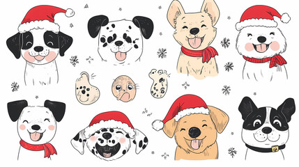 Vector set of cute and smiling dog doodles. Dog faces with flat colors, bows, christmas hats, scarfs, dalmatian, pug, poodle, and beagle on white background. Sticker, comic, and print design.