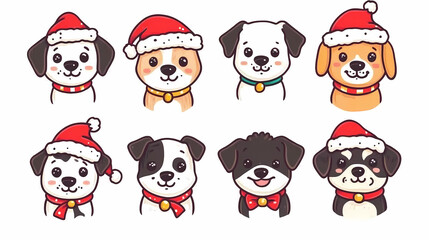 Vector set of cute and smiling dog doodles. Dog faces with flat colors, bows, christmas hats, scarfs, dalmatian, pug, poodle, and beagle on white background. Sticker, comic, and print design.