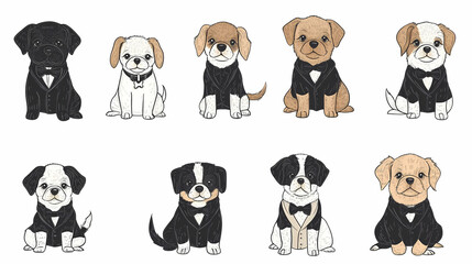 Naklejka premium Vector set of cute and smiling dog doodles. Dog faces with flat colors, bows, christmas hats, scarfs, dalmatian, pug, poodle, and beagle on white background. Sticker, comic, and print design.