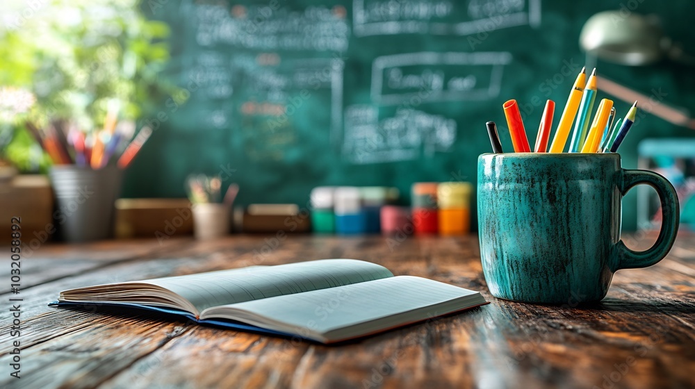Poster realistic 3d rendering of a teacher's desk equipped with an open notebook a coffee mug and colorful 