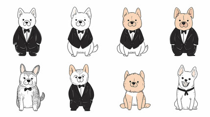 Obraz premium Vector set of cute and smiling dog doodles. Dog faces with flat colors, bows, christmas hats, scarfs, dalmatian, pug, poodle, and beagle on white background. Sticker, comic, and print design.