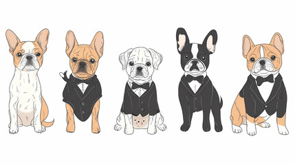 Obraz premium Vector set of cute and smiling dog doodles. Dog faces with flat colors, bows, christmas hats, scarfs, dalmatian, pug, poodle, and beagle on white background. Sticker, comic, and print design.