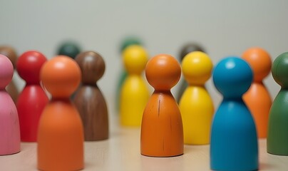 Colorful wooden figures represent diverse and unique personalities in society visually.