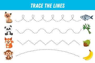 Tracing lines for kids. Cute cartoon animals: panda, cat, squirrel, monkey. What do animals eat? Handwriting practice. Educational game for preschool kids. Activity page. Vector illustration.