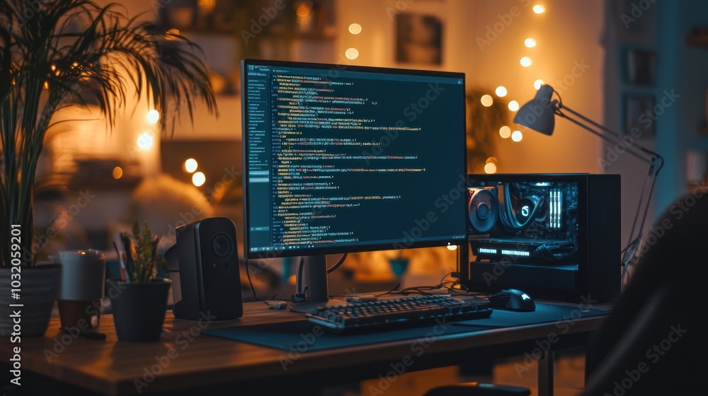Poster coding workspace with computer and lights