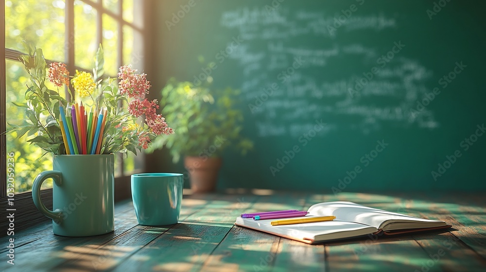 Poster realistic 3d rendering of a teacher's desk equipped with an open notebook a coffee mug and colorful 