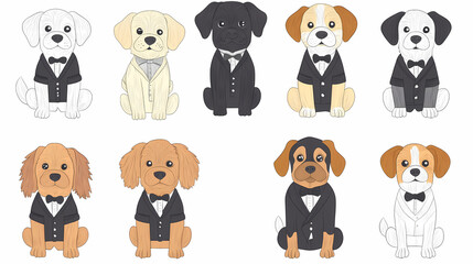 Obraz premium Vector set of cute and smiling dog doodles. Dog faces with flat colors, bows, christmas hats, scarfs, dalmatian, pug, poodle, and beagle on white background. Sticker, comic, and print design.