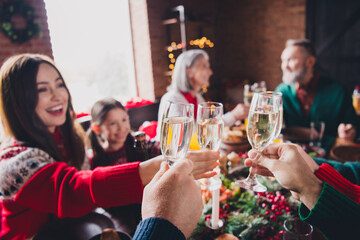 Portrait of friendly peaceful family clink champagne gather celebrate new year xmas flat indoors