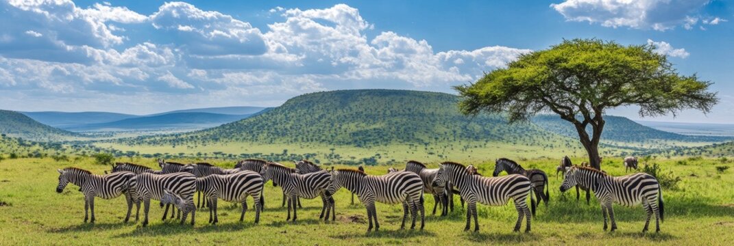 Herd of zebras grazing on lush green grass in savanna plains with acacia tree, blue sky, and clouds