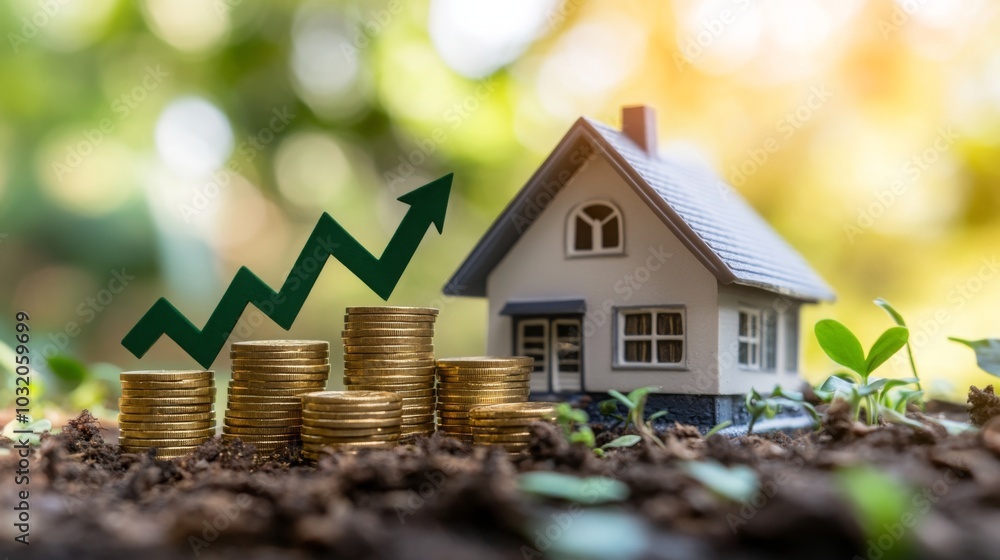 Poster stacks of coins represent increasing value alongside a miniature house in a lush green environment. 