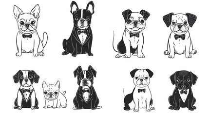 Fototapeta premium Vector set of cute and smiling dog doodles. Dog faces with flat colors, bows, christmas hats, scarfs, dalmatian, pug, poodle, and beagle on white background. Sticker, comic, and print design.