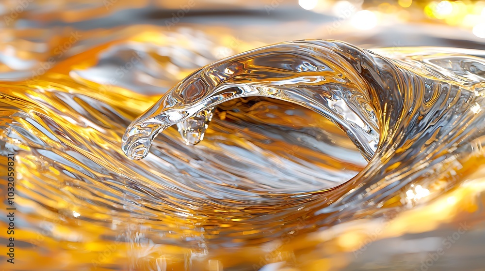 Poster beautiful close-up image of a clear water wave capturing golden reflections, showcasing the intricat