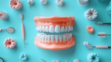 Realistic dental model paired with essential dental equipment on a light blue background promoting dental hygiene Crisp and modern layout with space for informative text or branding