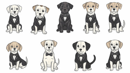 Obraz premium Vector set of cute and smiling dog doodles. Dog faces with flat colors, bows, christmas hats, scarfs, dalmatian, pug, poodle, and beagle on white background. Sticker, comic, and print design.