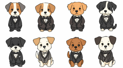 Naklejka premium Vector set of cute and smiling dog doodles. Dog faces with flat colors, bows, christmas hats, scarfs, dalmatian, pug, poodle, and beagle on white background. Sticker, comic, and print design.