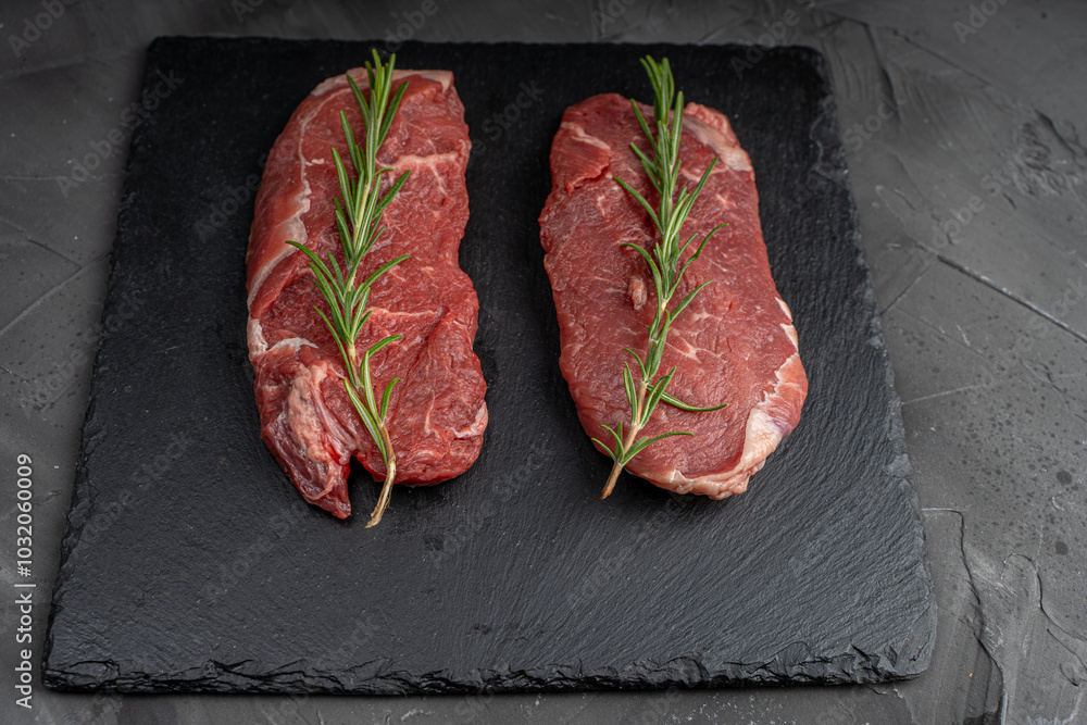 Wall mural Two pieces of raw meat for steaks with a sprig of rosemary on a black mica board on a dark background.