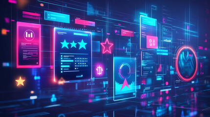 Obraz premium Koncepcja poszukiwania pracowników w erze cyfrowej wykorzystuje holograficzne obrazy i dokumenty CV, które unosi się w powietrzu, tworząc interaktywną przestrzeń. 